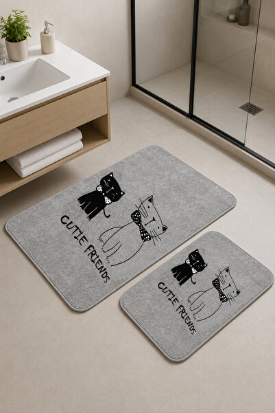 DECOVİST HOME Kaymaz Tabanlı Yıkanabilir 2’li Düz Gri Banyo Paspası ve Klozet...