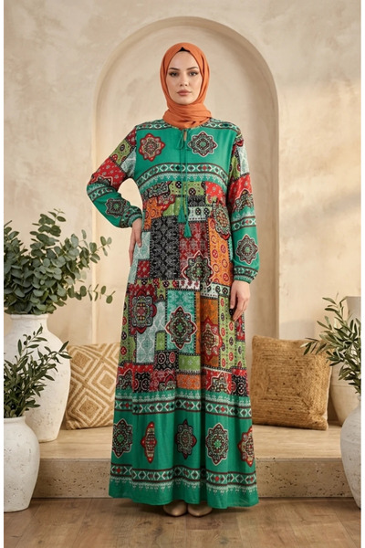 sefamerve Viscose Fabric Patterned Hijab Dress 5592-04 Green