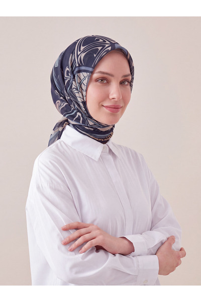 Feyre İpek Zincir Desenli Pamuksu Eşarp - Mavi