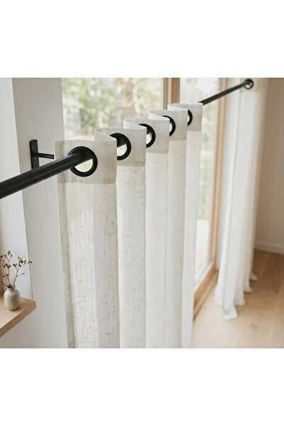 Leo Boutique Curtain Halkalı Rustik Keten Tül Perde - Siyah Halkalı Grommet D...