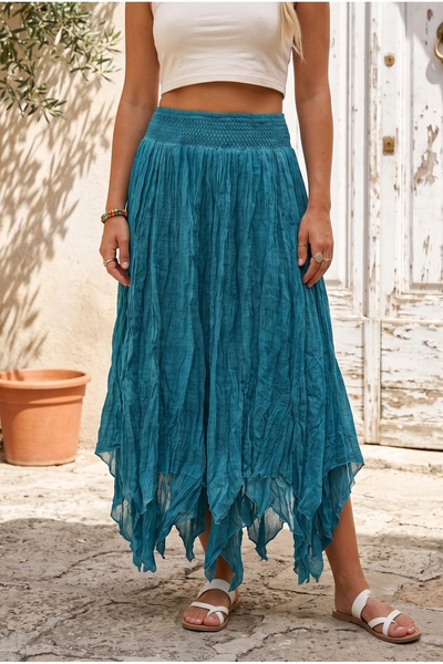 Chiccy Petrol Green Lined Fringed Cut Elastic Waist Casual Wrinkled Long Wove...