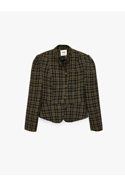 Koton Long Sleeve Buttoned Stand Collar Tweed Peplum Plaid Jacket
