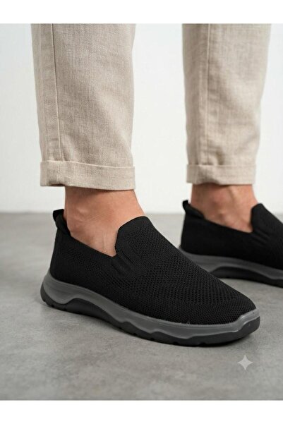 Lütfi Men's Laceless Black Knitwear Sneaker Orthopedic Sole Walking Shoes
