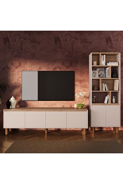 Bimossa G4220 Terra Sepet-Kumtaşı Kitaplıklı TV Ünitesi Seti, 180 cm TV Sehpa...