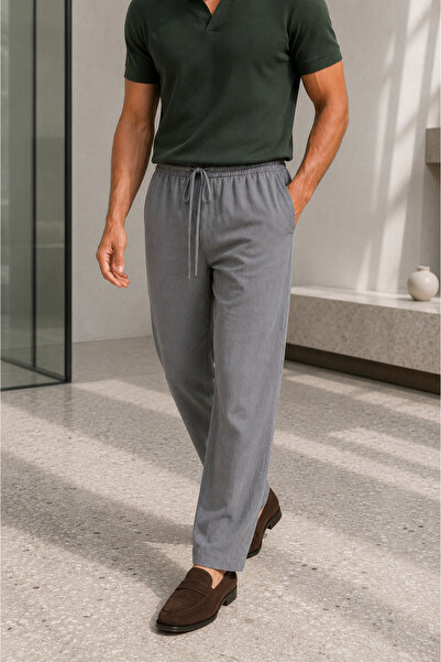 Polo State Men's Linen Look Elastic Waist Lace-Up Comfortable Cut Pants - Gray