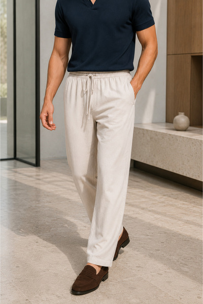 Polo State Pantaloni pentru bărbați cu aspect de in, cu talie elastică și șir...