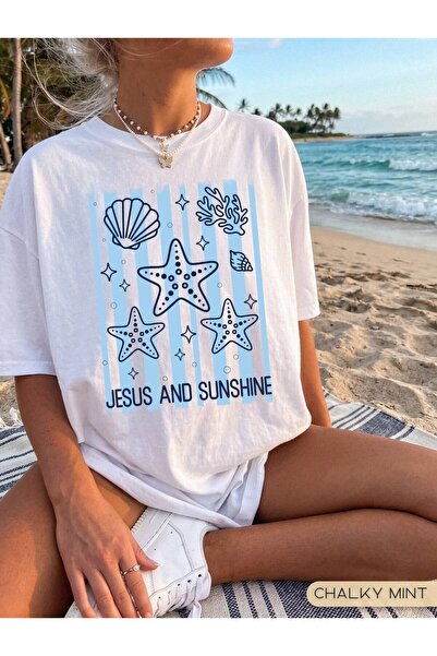 LELVANİ Tricou cu gât rotund cu imprimeu Jesus And Sunshine Blue Line pentru ...