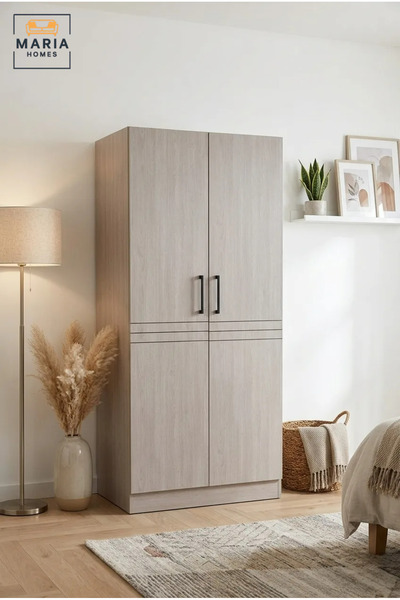 MARIA HOMES Modern 2-Door Wooden Wardrobe with Hanging Rail and Storage Shelv...