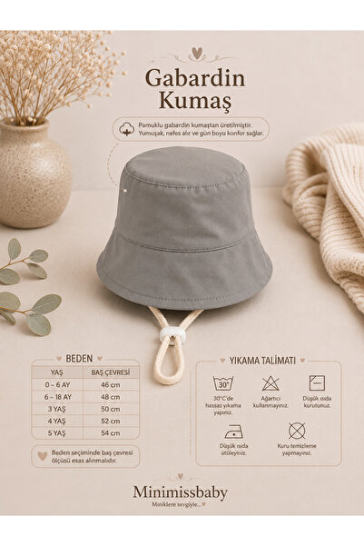 Minimissbaby Gray Gabardine Fabric Baby Girl and Boy Bucket Hat
