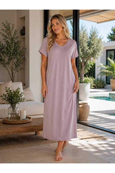 İpek Women's Short Sleeve Midi Length Solid Color V-Neck Nightgown-Dress