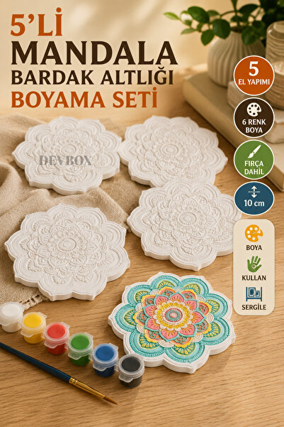 devhome 5'li Mandala Bardak Altlığı Boyama Seti | El Yapımı Alçı | Boya + Fır...