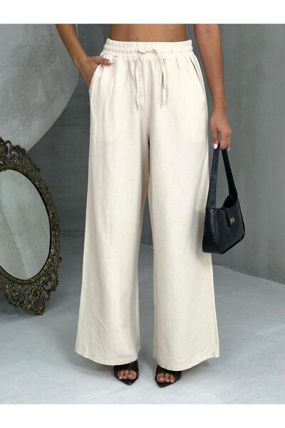 QF Quasar Fashion Extra Wide Legs Palazzo Anti-Sweat 100% Linen Pants with Elastic Waist and Laces