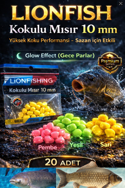 LIONFISH 10 mm Gece Parlayan (Glow Effect) Kokulu Silikon Mısır - Premium Sazan Yemi 20 Adet