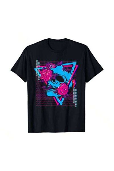 9TAY تي شيرت مطبوع عليه Skull Roses Vaporwave Synthwave خفيف الوزن ومريح، مصن...
