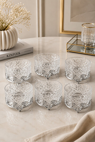 RASHA COLLECTION Set of 6 Silver Zamak Footed Glass Bowls 12 cm