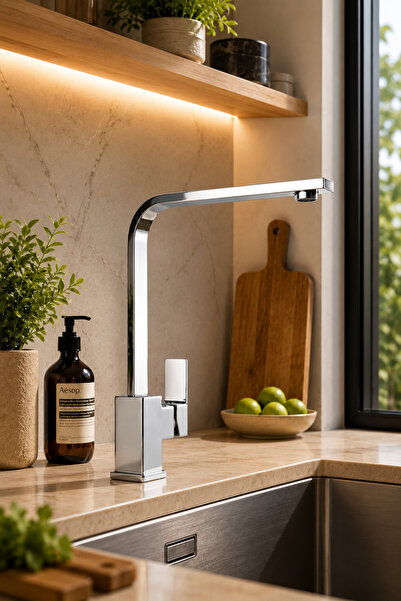 SUVİA Square Kitchen Faucet 360 °   Swivel Chrome Kitchen Sink Faucet Brass B...