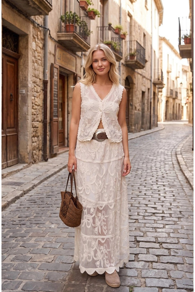 Myra Patterned Lace Detail Long Skirt-White