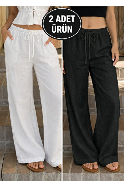 Hera Moda Pantaloni de damă, 2 piese, alb, negru, cu textură naturală, din in