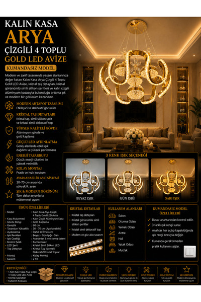 Genel Markalar Kalın Kasa Arya Çizgili 4 Toplu Gold LED Avize - 3 Renk Aydınl...