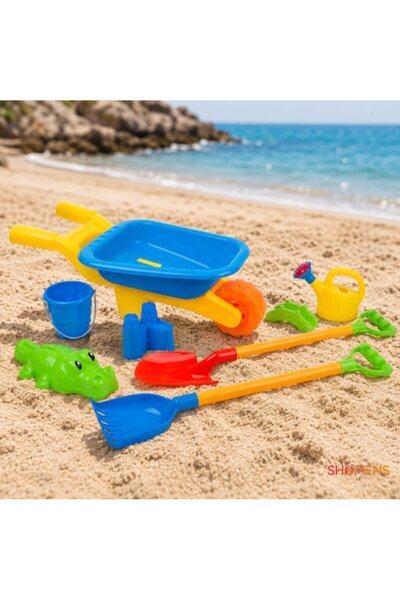 SHOPIENS Set de jucării de plajă: Cărucior colorat cu roată, cu 7 accesorii p...