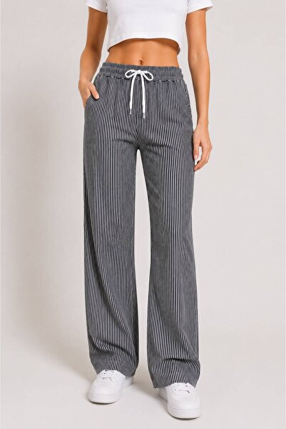 Miyalon Women's High Waist Summer Wide Leg Pants with Pockets and White Stripes