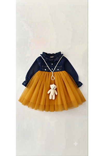kokosh _ kidss burcu sapmaz Girl's Yellow Color Jean Dress with Teddy Bear an...