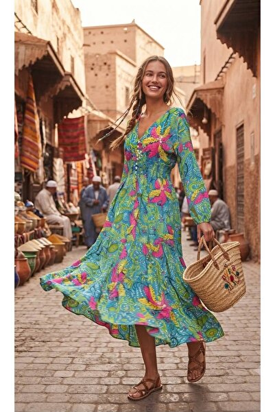 moda gk Boncuk/Nakış Detaylı Parlak Desenli Bohem Pamuk/İpek Elbise