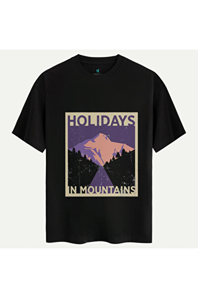 Oversize %100 Pamuk Unisex Holiday Baskılı Tişört - Siyah