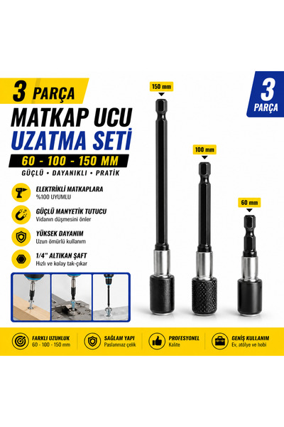 SENBANG 3 Parça Manyetik Matkap Ucu Uzatma Seti 60-100-150 mm 1/4” Altıgen Şa...