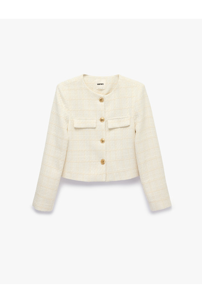 Koton Long Sleeve Crew Neck Ornate Buttoned Plaid Tweed Jacket