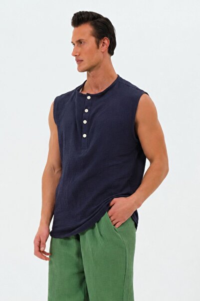 RELAXL Men's 100% Cotton Summer Muslin Shirt Sleeveless Oversize Cut Navy Blue