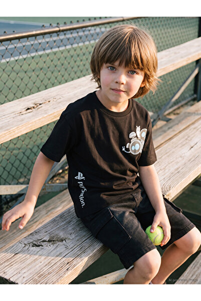 LC Waikiki Nevavm Oval Collar Playstation Printed Boys' T-Shirt with Difference