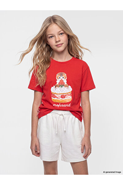 LC Waikiki Trendlucky Girls' T-Shirt with Oval Collar and Mofusand Print