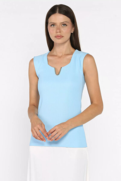 Aryena Blue Women's Ottoman Blouse with Gold Buckle Detail