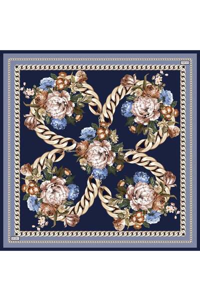 Levidor Navy Blue Twill Silk Scarf with Chain Detail on the Edge