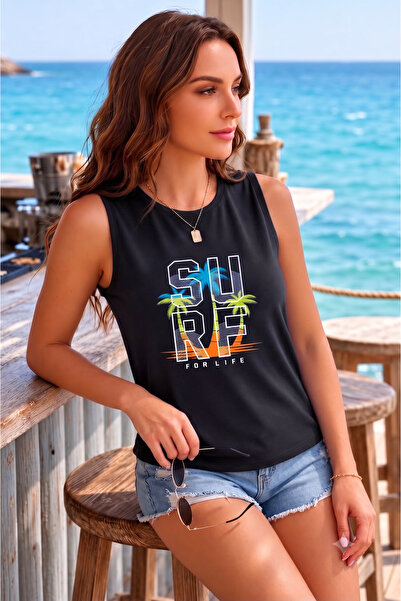 BW Bravely Wear تي شيرت نسائي بدون أكمام مطبوع عليه SURF FOR LIFE (بدون أكتاف)