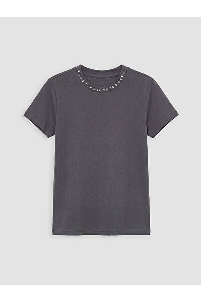 LC Waikiki Trendlucky Girls' T-Shirt with Oval Collar and Stones
