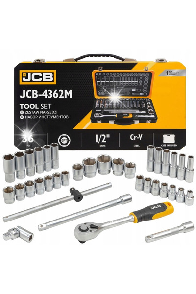 Jcb Set chei tubulare cu clichet, mandrine pentru roți, valiză, 1/2”, 36 de p...