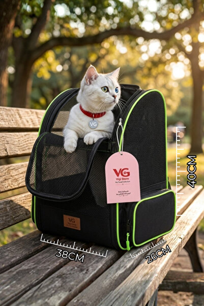 VİGİ STORE Premium Fileli Kedi ve Köpek Taşıma Sırt Çantası - Neon Yeşil Deta...