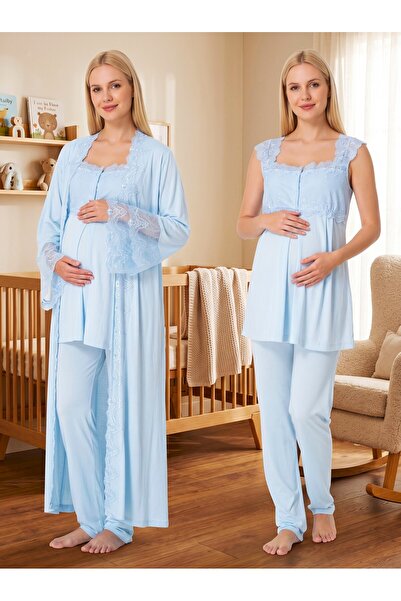 Lohusa Homewear طقم بيجامة للحوامل من القطن بنسبة 100% بتصميم جديد مزين بالدا...