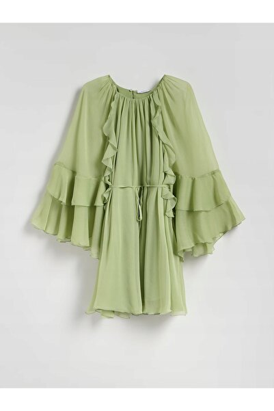 NO BRAND Rochie mini evazată verde deschis cu volane, cu mânecă lungă, mărime...