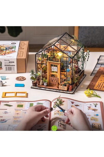 NO BRAND Kit DIY Puzzle 3D din lemn, Căsuță de flori în miniatură, cu LED, pe...