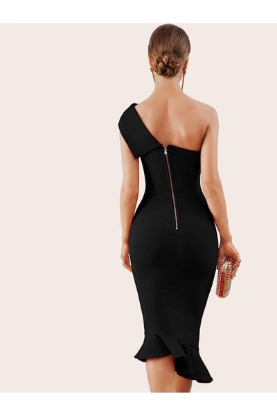 NO BRAND Rochie midi neagră pe un umăr, cambrată, clasică Adyce L