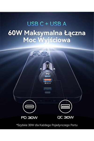 NO BRAND Încărcător auto 60W USB-C + USB-A cu încărcare rapidă PD QC 3.0