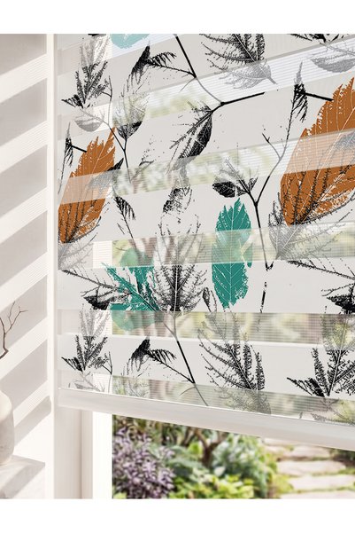 AD Home Sanatsal Turkuaz ve Bakır Yapraklar Dijital Baskılı Modern Zebra Perde