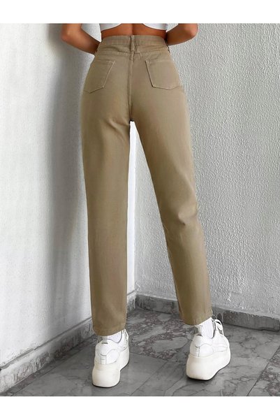 NO BRAND Pantaloni bej, netezi, drepți, cu talie înaltă, albaștri, mărimea 42