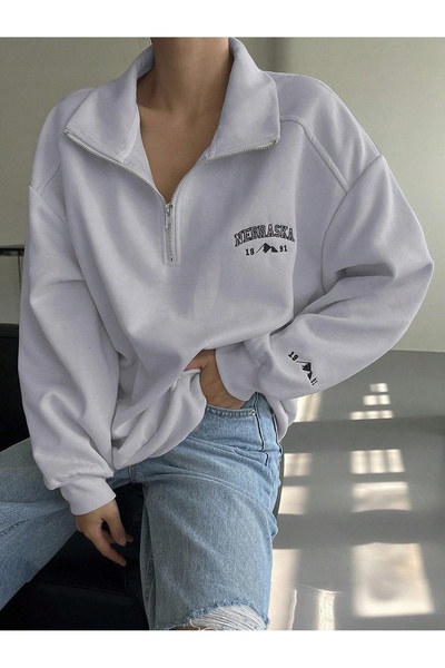 NO BRAND Hanorac oversize gri deschis cu guler cu fermoar și text brodat dazy s