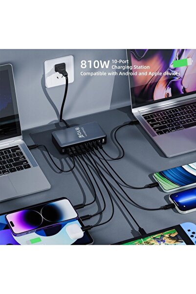 NO BRAND Încărcător 10-în-1 USB-C + USB-A, 810W GaN4, Încărcare rapidă, pentr...