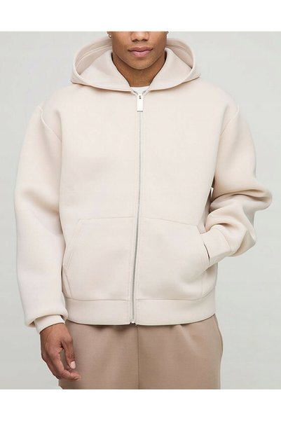 NO BRAND Hanorac bej neted cu glugă, buzunare largi, cu fermoar, Boohoo XL