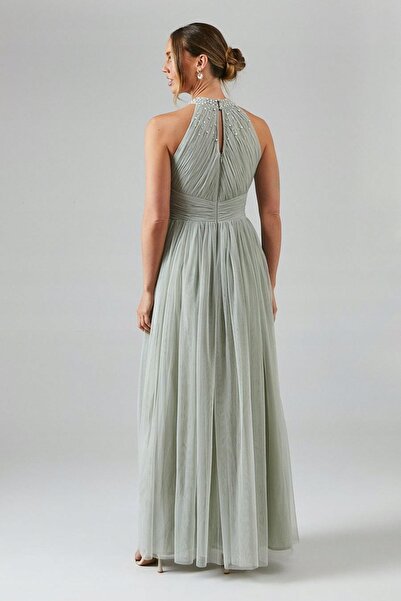 NO BRAND Rochie maxi plisată verde deschis, cu perle, cu umerii goi, Coast 42